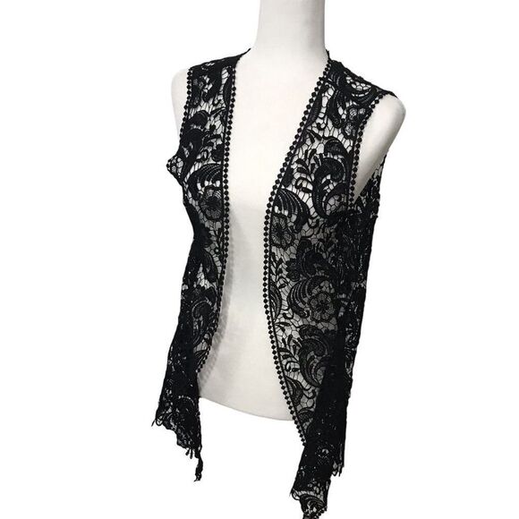Black Crocheted Long Vest Floral Leaf Design Size Small Med NWT - Picture 1 of 16